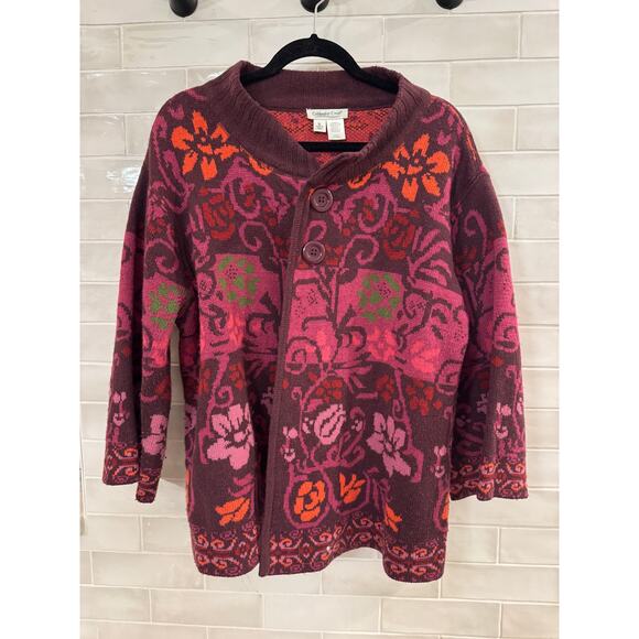 Floral Cardigan Sweater Burgundy Pink Orange 2 Button Front Size XL - Picture 2 of 5